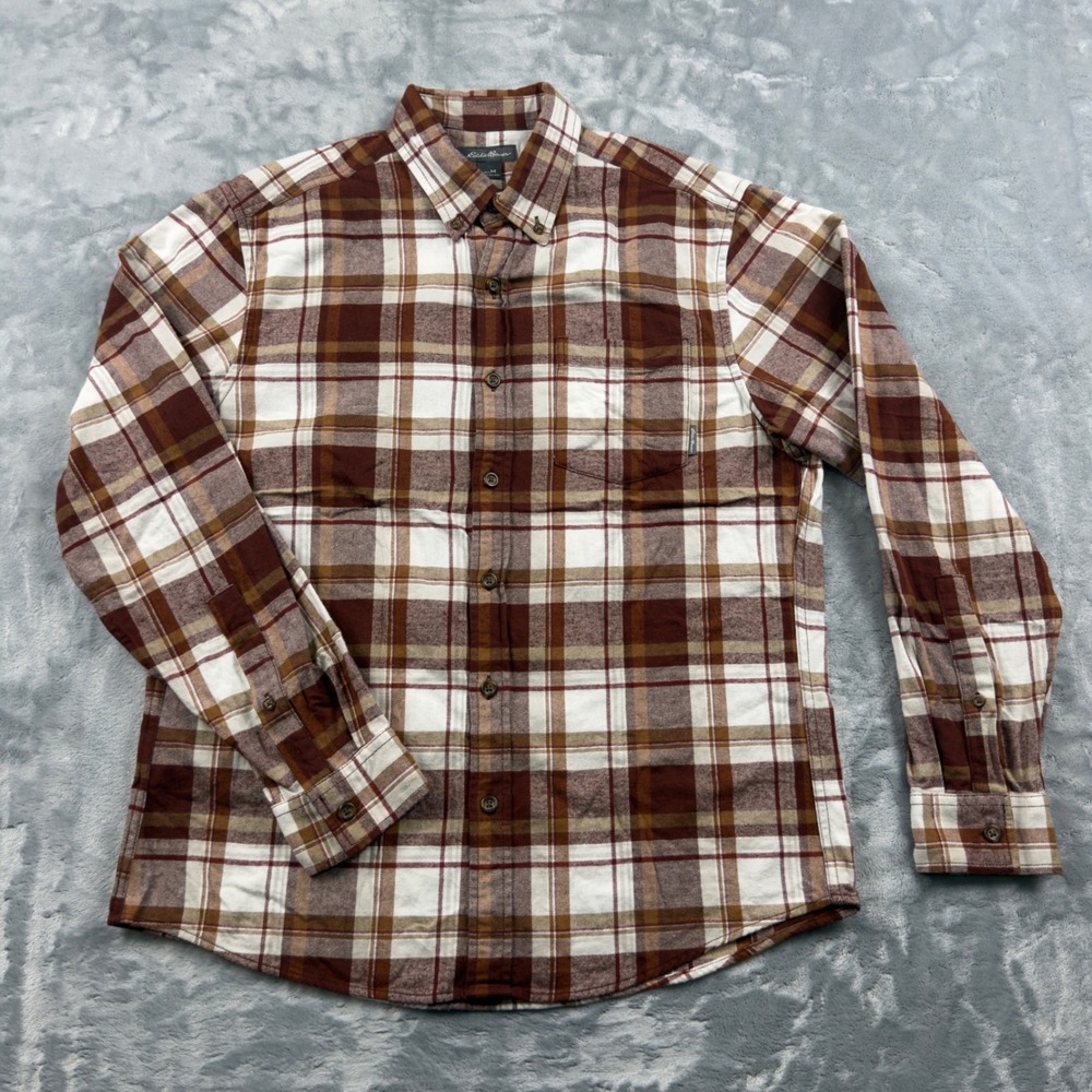Eddie Bauer Mens Brown White Plaid Flannel Button Down Shirt Size M Cotton